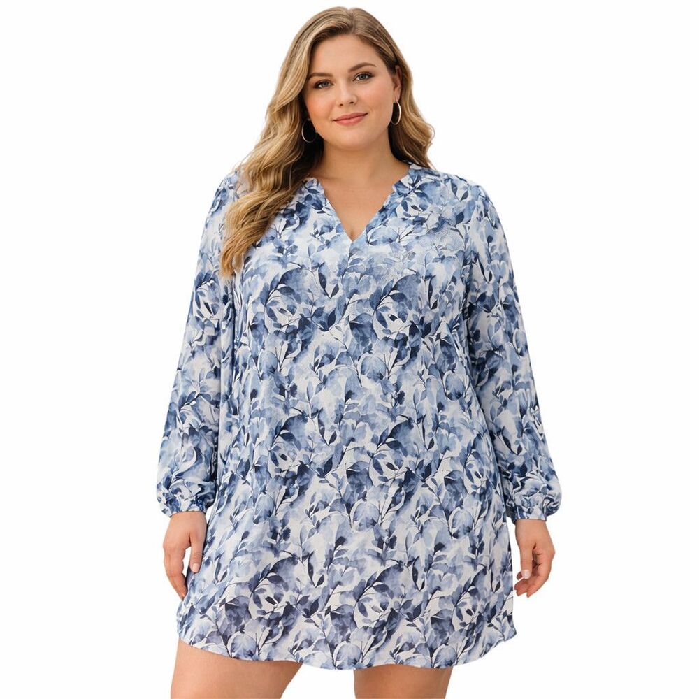 Cloth & Stone Dress Womens XL Blue Floral Long Sleeve Rayon Shift Short Lined